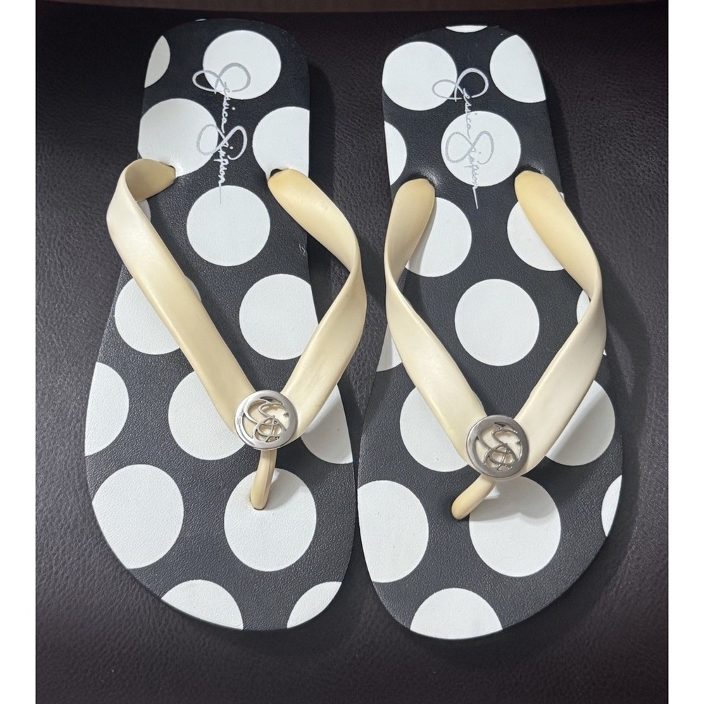 Jessica Simpson Flip Flops White/Black Polka Dots, Silver Hardware WMS 8